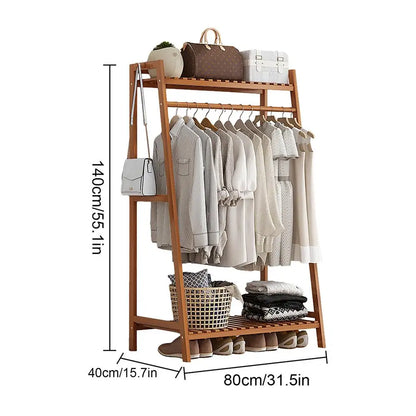 Wooden Garment Coat Clothes Hanging Heavy Duty Rack with top shelf and 2-tier Shoe Clothing Storage Organizer Shelves