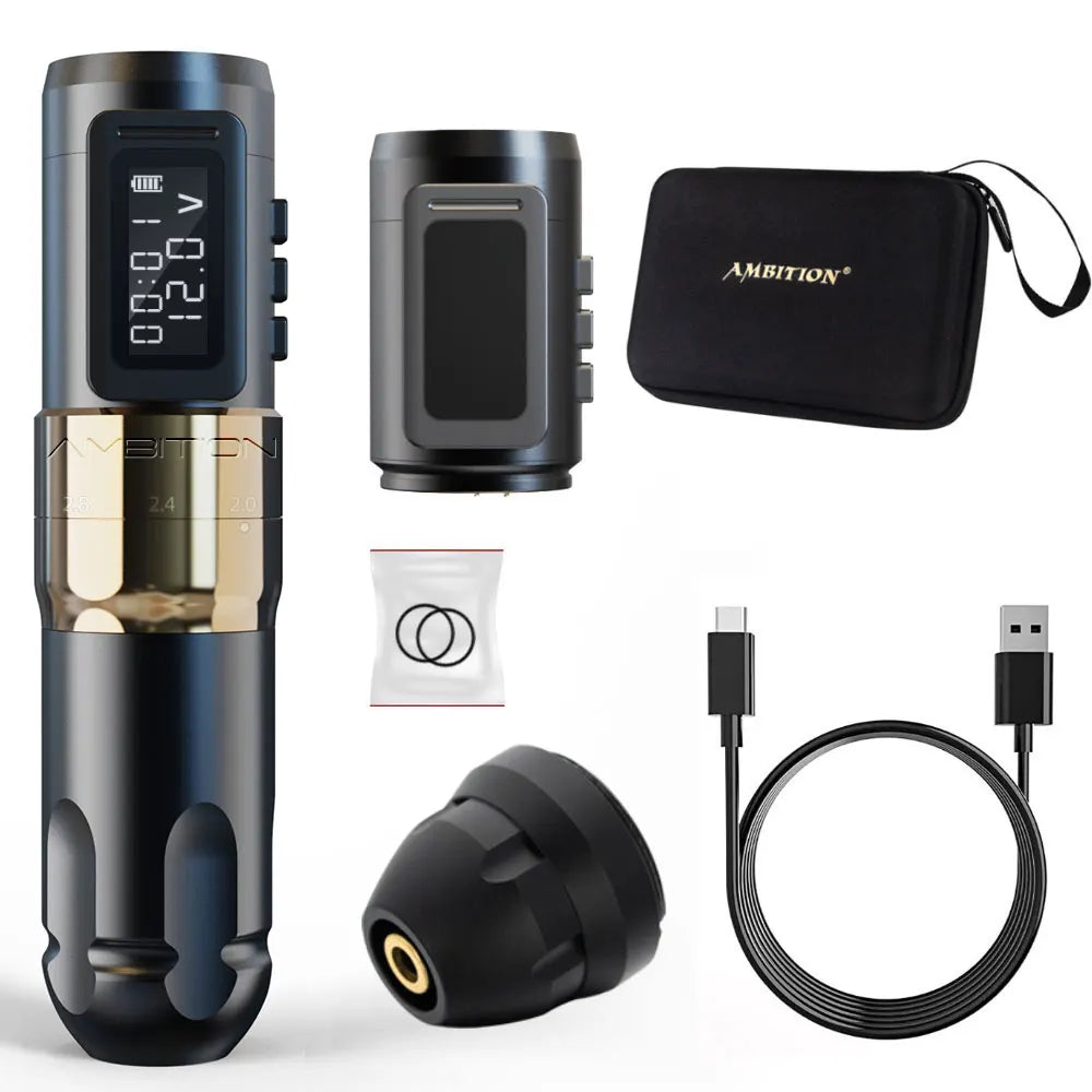 Máquina de tatuaje inalámbrica profesional Ambition MARS-U con pluma y trazo ajustable, cartucho de 2-4 mm, motor sin núcleo de 1800 mAh, para artistas del tatuaje