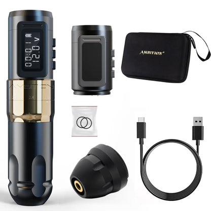 Máquina de tatuaje inalámbrica profesional Ambition MARS-U con pluma y trazo ajustable, cartucho de 2-4 mm, motor sin núcleo de 1800 mAh, para artistas del tatuaje