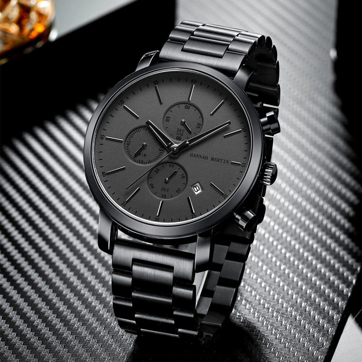 HANNAH MARTIN Brand Men Watch Black Stainless Steel Waterproof Fashion Sports Multifunctional Quartz Wristatch Relogio Masculino