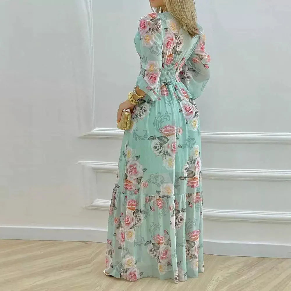 Maxi Dress for Women V-Neck Sleeveless Floral Printed Lantern Sleeve Large Swing Skirt High Waist Loose Dresses 2024 Summer New
