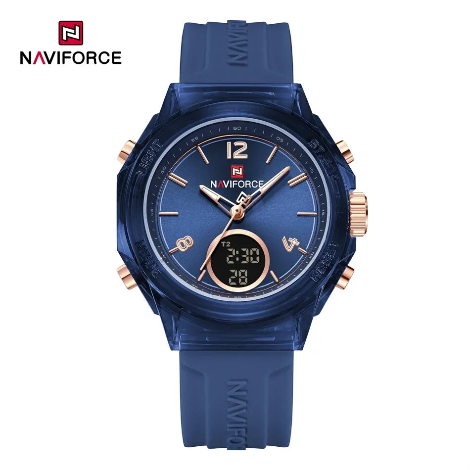 Relojes NAVIFORCE para mujer, nuevo diseño, esfera pequeña, deportivos, para mujer, resistente al agua hasta 5 ATM, reloj de pulsera de cuarzo con pantalla LCD digital, reloj para mujer