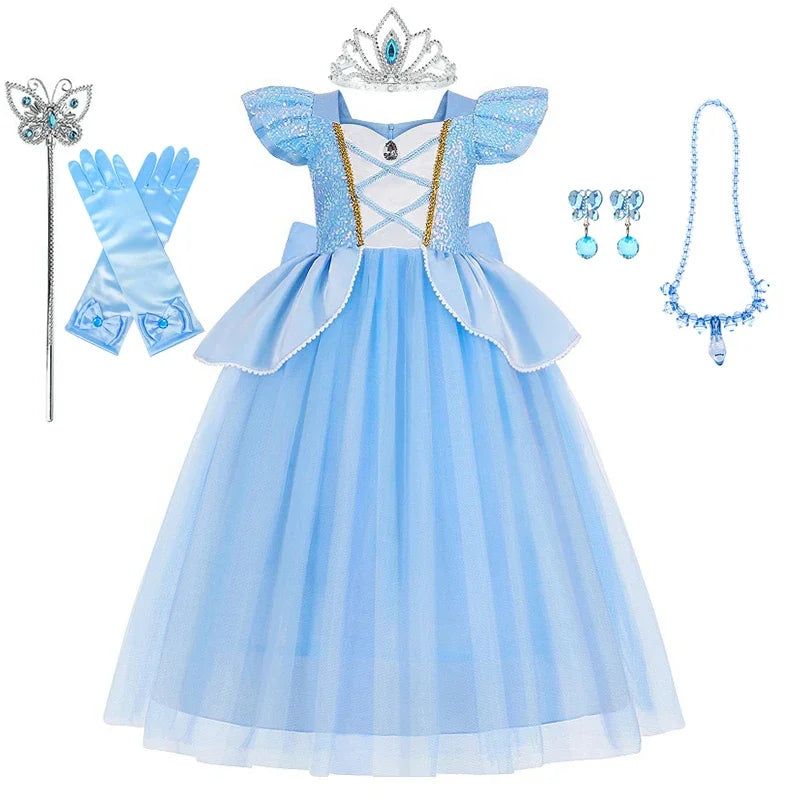 Disney Deluxe Elegant Cinderella Princess Ball Gown Fancy Birthday Cinderella Party Dress Vestidos Costume Play Carnival Apparel