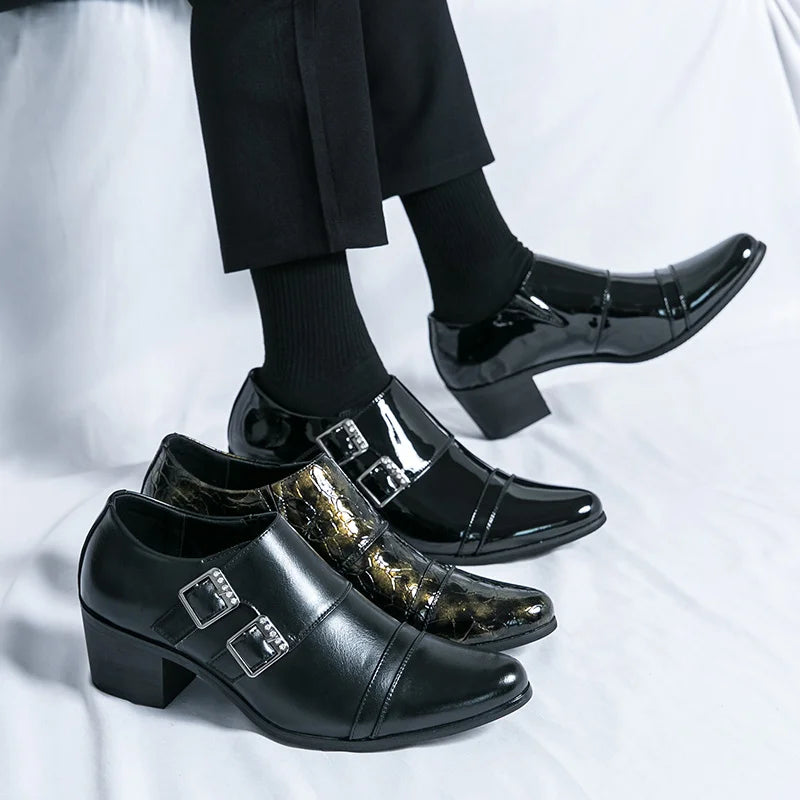 Fashion Buckle Leather Shoes For Men Big Size 46 Pointed Dress Shoes Man Quality Business High Heels Shoes Man chaussure hommes