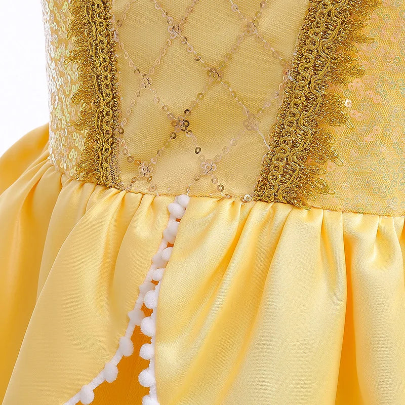 Girls Sequin Princess Dresses Children Disguise Cosplay Belle Costume Beauty and The Beast for Carnival Halloween Birthday Party