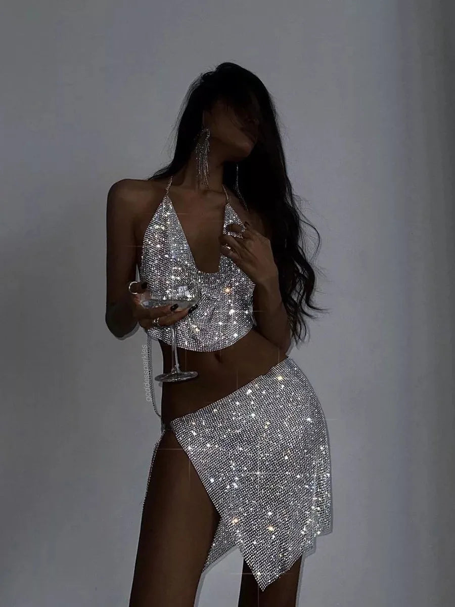 Sexy Women Rhinestone Sleeveless Halter Neck Crop Top Skirts 2 Piece Matching Set Summer Fashion Streetwear Beach Rave Clothing