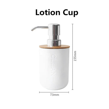 Juego de accesorios de baño, dispensador de loción y jabón de diseño, soporte para cepillo de dientes, jabonera, vaso o botella de madera, taza, negro, blanco y gris.