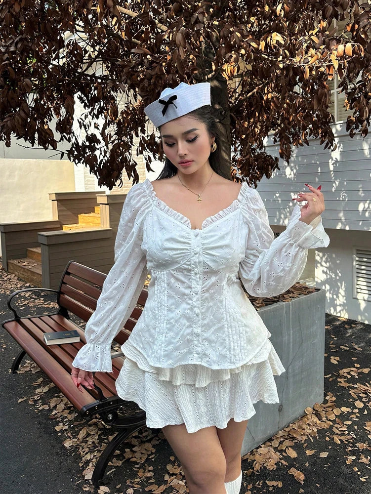 Plus size feminino cor sólida querida pescoço manga longa plissado bordado blusa elegante primavera verão novo