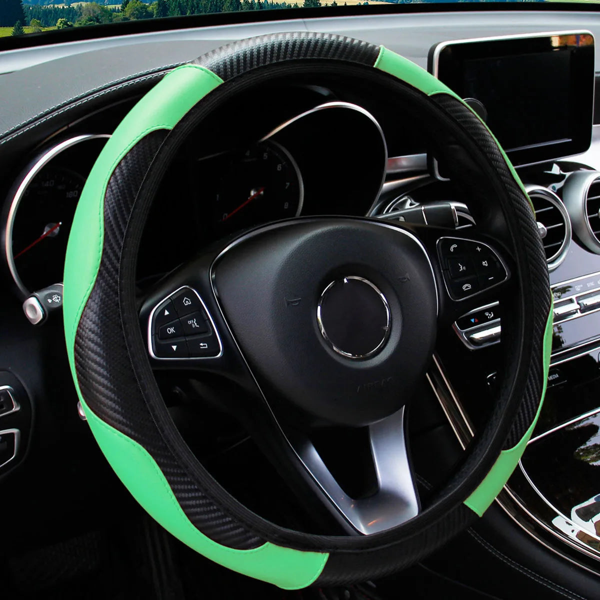 PU Carbon Fiber Leather Car Steering Wheel Cover without Inner Ring Suitable for 14.5-15 Inches Auto Supplies