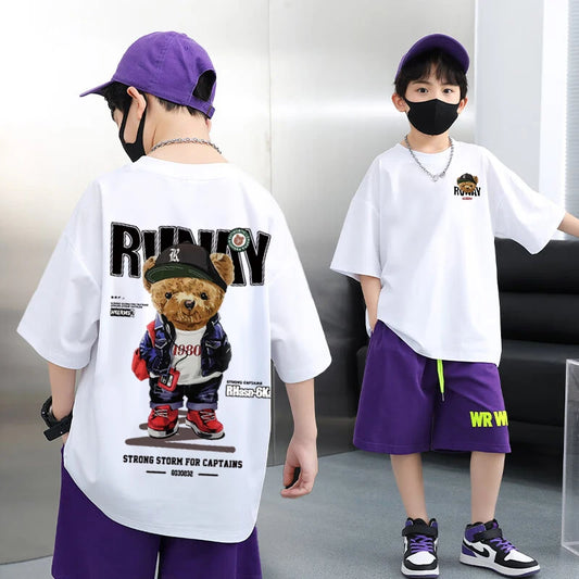 2025 Children's Clothing American Vintage Bear Print Graphic T-Shirts Boys Summer Cotton Short-sleeved T-shirt Tops Streetwear