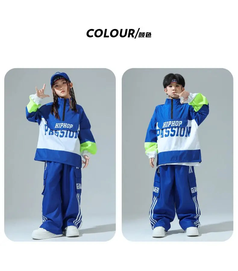 Boys Hip Hop Pullover Street Dance Cargo Pants Girls High Collar Sweatshirt Outfits Kids Jazz Sport Clothes Set Child Streetwear
