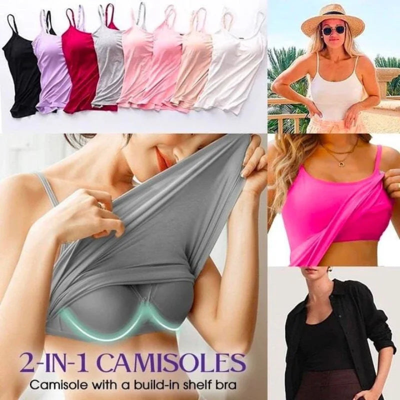 Camisola sexy con sujetador acolchado sólido y tirantes finos para mujer, camiseta sin mangas con sujetador incorporado, 2024