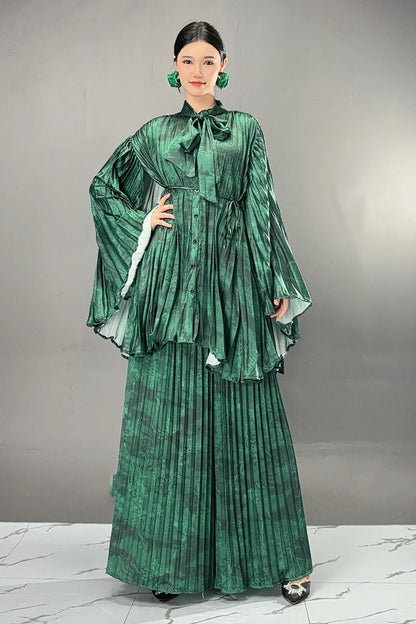 Two Pieces Chinese Style Wide Leg Pants Set Female Full Sleeve Blouse+Matching Trousers Suit Elegant Casual Matching Kit