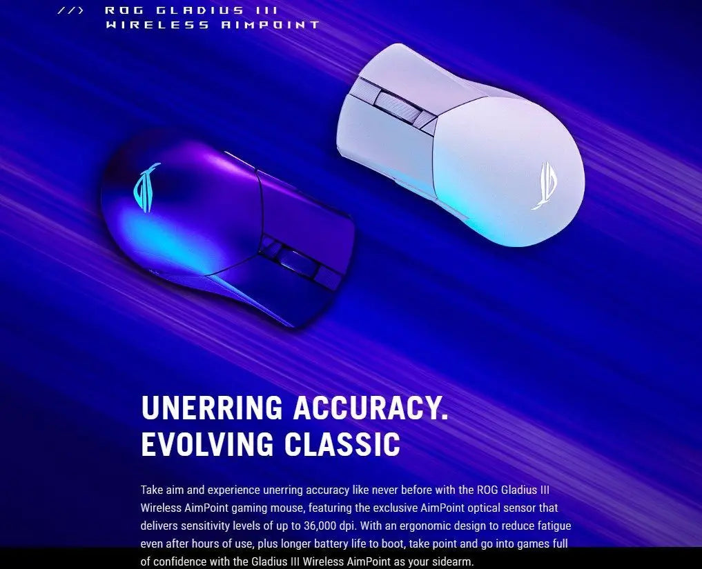 Asus ROG Gladius III Wireless AimPoint Lightweight RGB Gaming Mouse 36000DPI ROG AimPoint Optical Sensor Tri-Mode Connectivity