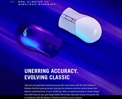 Asus ROG Gladius III Wireless AimPoint Lightweight RGB Gaming Mouse 36000DPI ROG AimPoint Optical Sensor Tri-Mode Connectivity