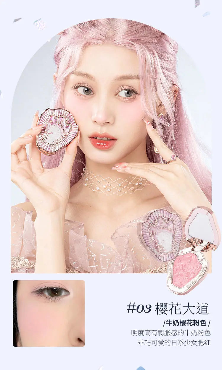 Paleta de rubor con relieve Unicorn de Flower Knows, de larga duración y fácil de aplicar, mate, natural, iluminador, rubor voluminoso, maquillaje.