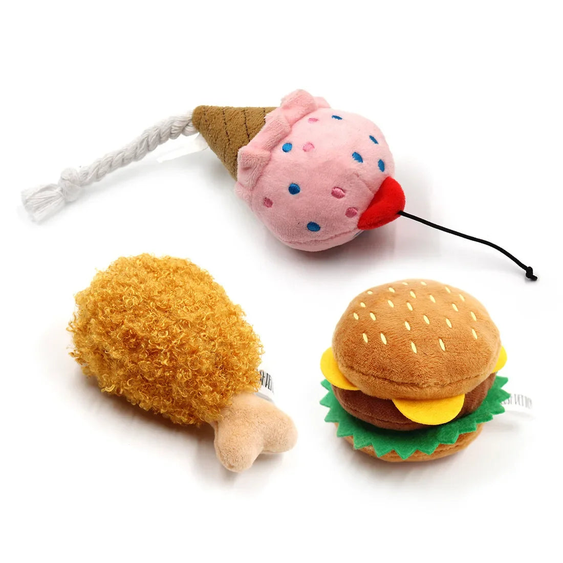 Brinquedos de pelúcia para cães, acessórios para cães estridentes, brinquedo para animais de estimação, som macio, mastigar, mordida, resistente, sorvete, batatas fritas, humburger