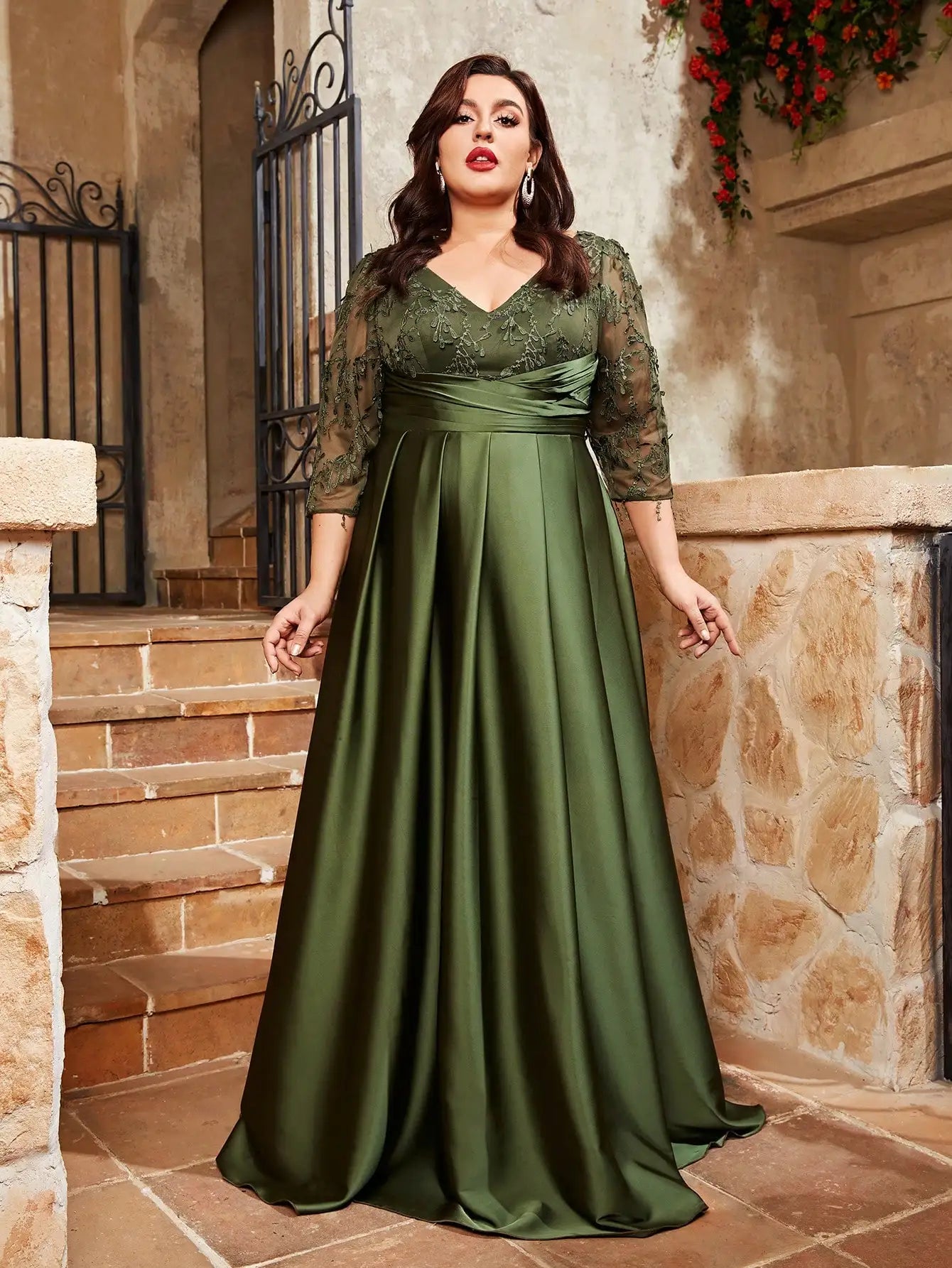 Vestido de noche Mgiacy de talla grande con escote en V, encaje bordado, mosaico de satén, falda larga doblada a mano, vestido de fiesta de graduación 