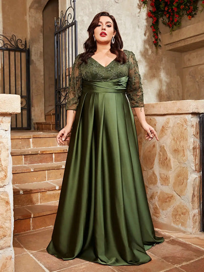 Vestido de noche Mgiacy de talla grande con escote en V, encaje bordado, mosaico de satén, falda larga doblada a mano, vestido de fiesta de graduación 