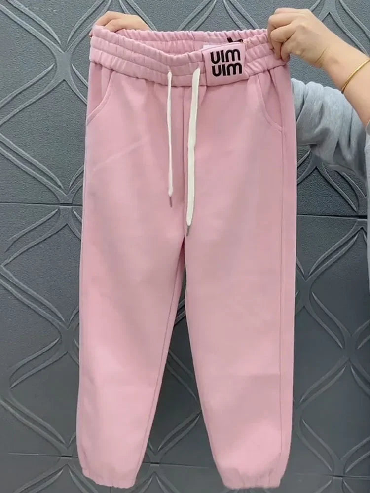 Pantalones de verano para mujer, pantalones coreanos de pierna ancha Vintage con letras elásticas de cintura alta, ropa de calle, 2024
