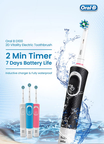 Cepillo de dientes eléctrico Oral B D100 2D Vitality, resistente al agua, con cargador inductivo y temporizador.