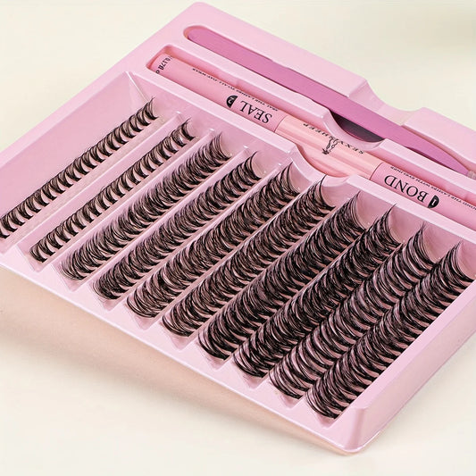 Kit de extensão de cílios diy, 200 peças, cluster de cílios com pinça com ligação e vedação de cílios, cola e aplicador de cílios, ferramenta de maquiagem