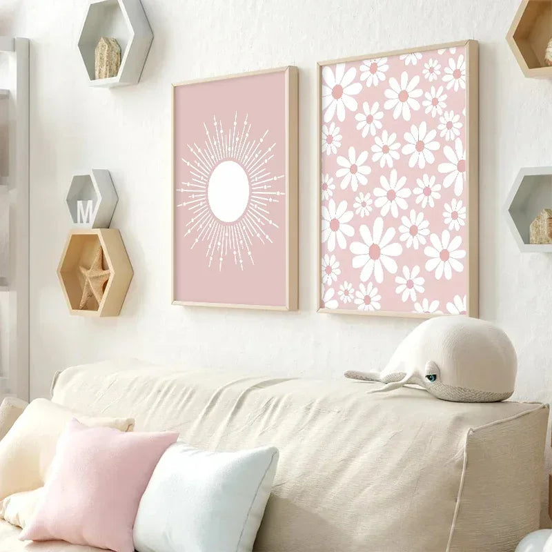 Pink Butterfly Wall Art Nursery Canvas Prints Painting Sun Rainbow Daisy Heart Posters Kawaii Pictures for Kids Girl Room Decor