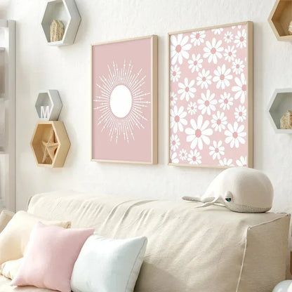 Pink Butterfly Wall Art Nursery Canvas Prints Painting Sun Rainbow Daisy Heart Posters Kawaii Pictures for Kids Girl Room Decor