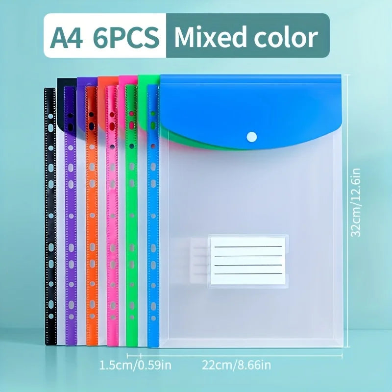 6pcs A4 High-Capacity Loose-Leaf File Bags with 11-Hole Binding Rings,Expandable Button and Label Pockets,Suitable for School