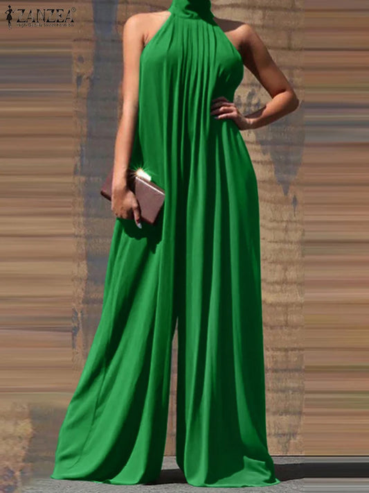 ZANZEA 2024 Verano Mujer Fiesta Elegante Monos Pierna Ancha Monos Color Sólido Pierna Ancha Monos Vacaciones Chic Sin Mangas Mono