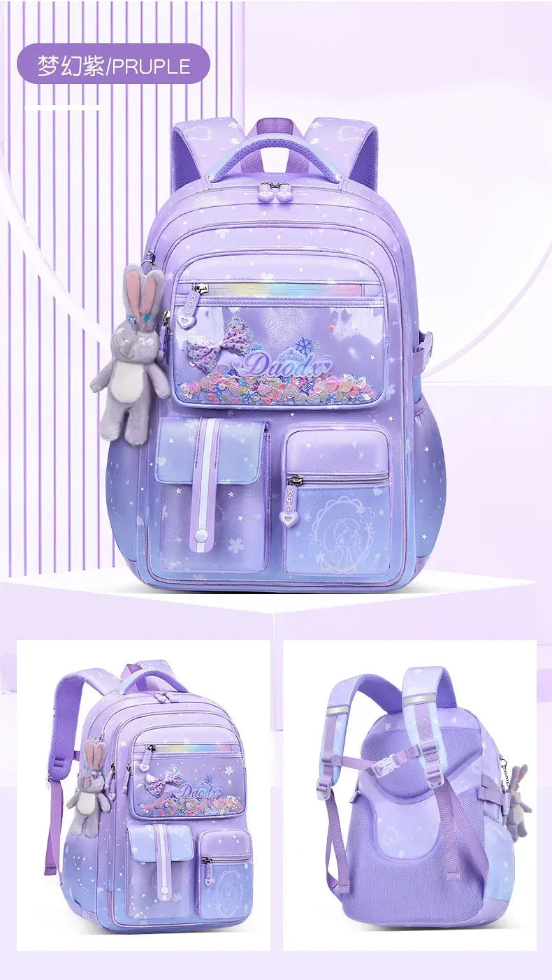 Primary Bow Knot Schoolbag With Rabbit Pendant For Girls Orthopaedics Kids Backpack Kawaii Waterproof School bag