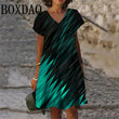 Plus Size 6XL Women's Fashion Geometric Pattern Print Short Dress Summer Casual V-Neck Short Sleeve Elegant Loose Mini Dresses