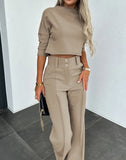 Elegante conjunto de dos piezas de color liso para mujer, traje de oficina, top corto informal y pantalones de cintura alta, otoño 2024