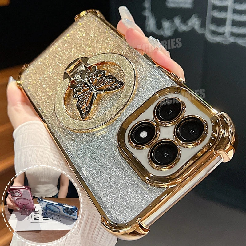 Xiaomi14t Shockproof Plating Butterfly Holder Case On For Xiaomi Mi 14t Pro Mi14t 14 T Mi14tpro Silicone Stand Cover 13t Mi13t