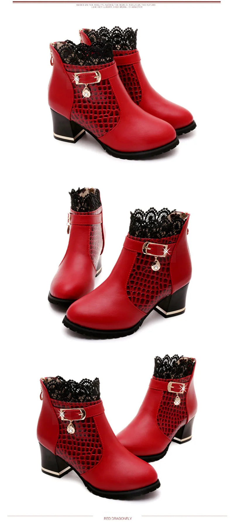 2025 Round Toe Women Fashion Crystal Belt Buckle Boots 6CM Square High Heels Shoes Sexy Leopard Lace Ankle Boots Woman Red Black