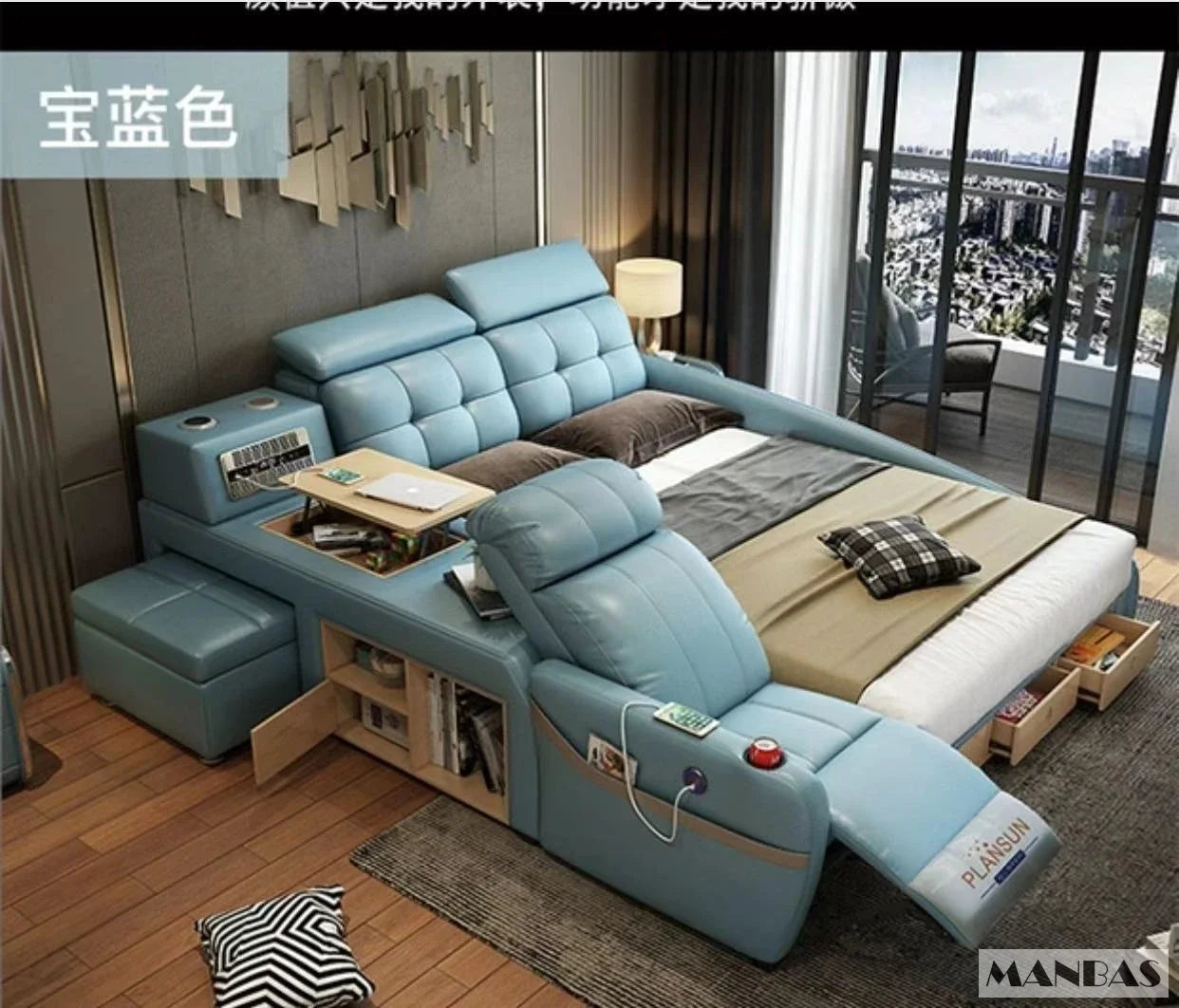 MINGDIBAO Massage Bed with Ultimate Comfort and Genuine Leather Multifunctional Frame - Bluetooth Speaker, Safe Air Cleaner, USB