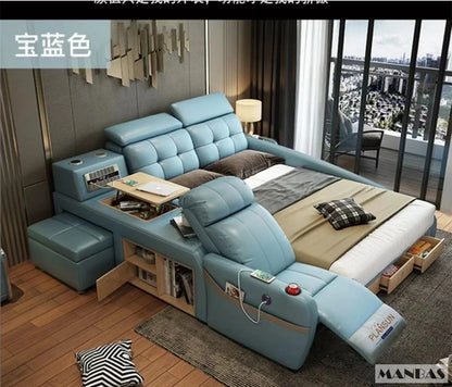 MINGDIBAO Massage Bed with Ultimate Comfort and Genuine Leather Multifunctional Frame - Bluetooth Speaker, Safe Air Cleaner, USB