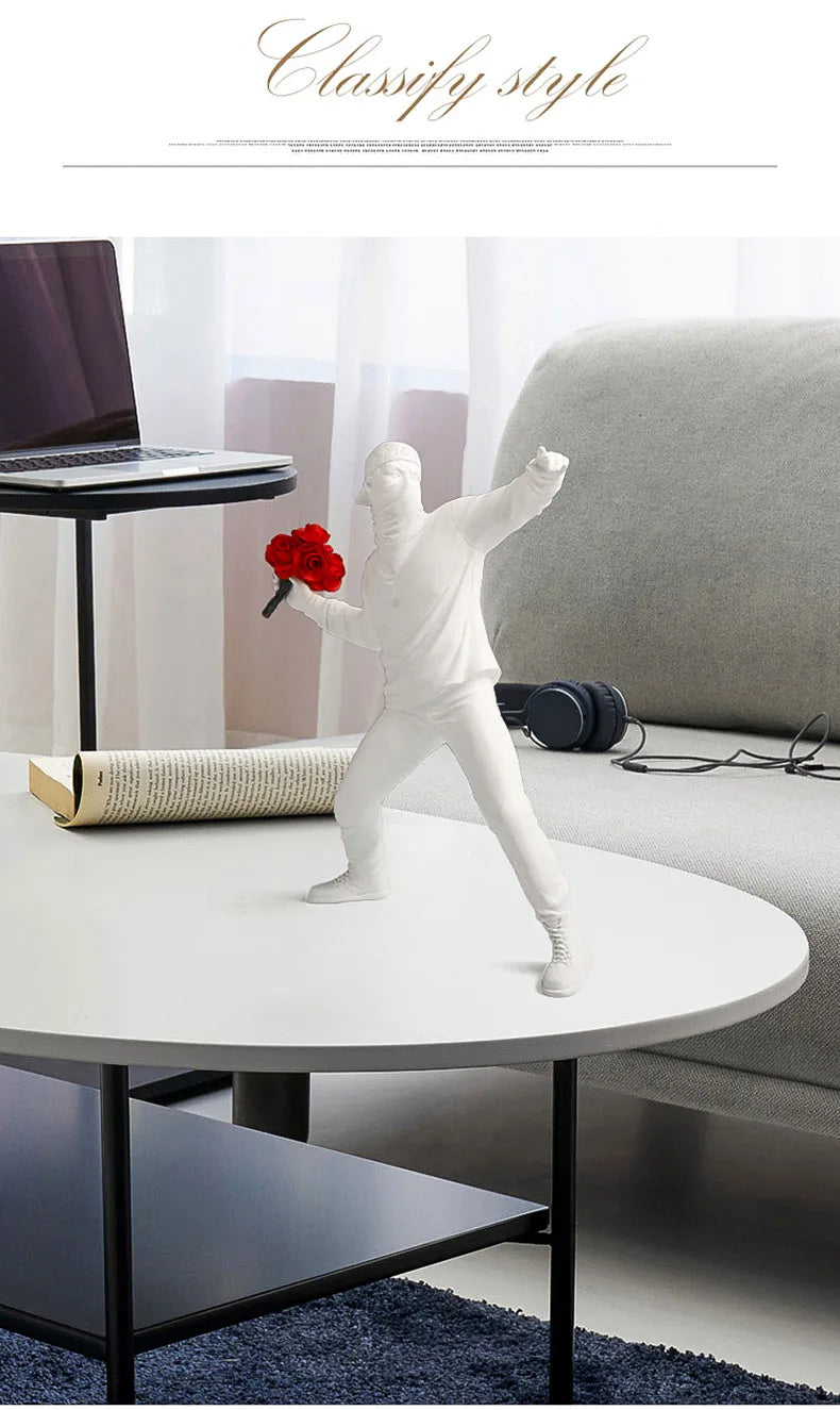 Resin Statues Sculptures Banksy Flower Thrower Statue Bomber Home Decoration Accessories Modern Ornaments Figurine Collectible