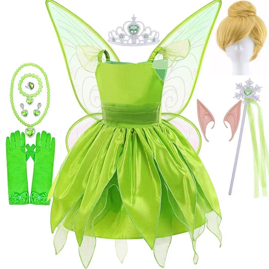 Girls Disney Party Dresses Fairy Tiana Costume for Girl Tinkerbell Children Clothing Princess Elf Birthday Ball Gown Wing Dresse
