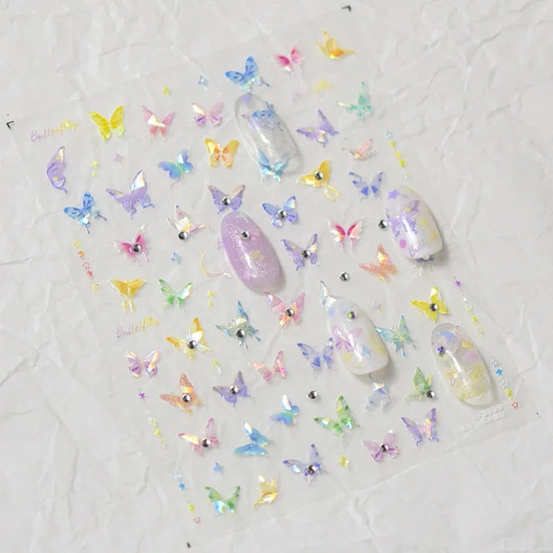 Colorful Pink Gradual Moon Star Cloud Butterfly Rhinestone 5D Soft Embossed Relief Nail Art Sticker 3D Decal Decoration Manicure