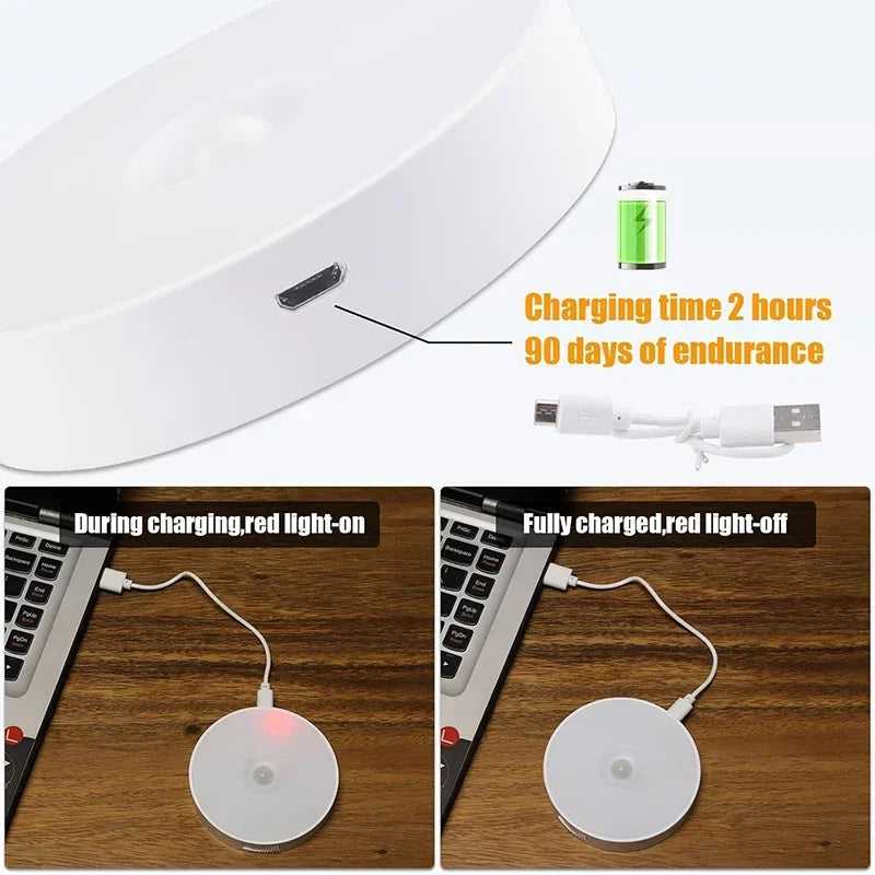 Kit com 2 a 6 unidades de Luz Noturna LED com Sensor de Movimento, Recarregável via USB, 3 Cores de Luz – Ideal para Armários, Guarda-roupas, Escadas e Closets (Sem Fio)