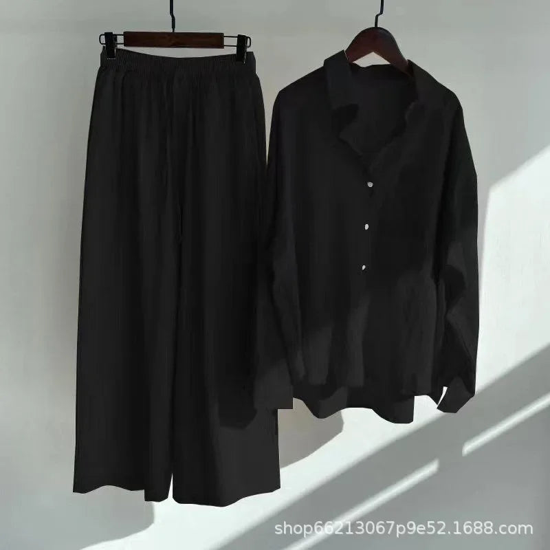 Plus size 2024 amazon mais vendido feminino vintage plus size algodão camisa de linho terno cintura alta solto ajuste calças 2 peça conjunto