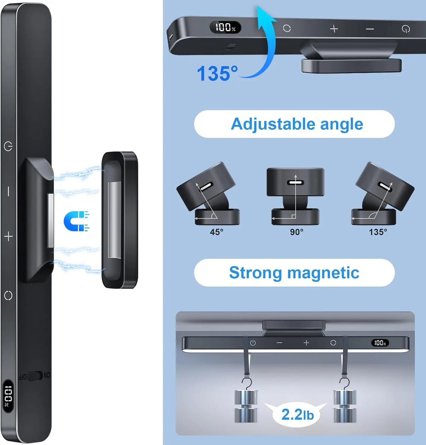 WILLED 5W Luz de espelho regulável 3 cores Luz de maquiagem ajustável com 2500mAh recarregável sob o armário para armário Mesa de cabeceira