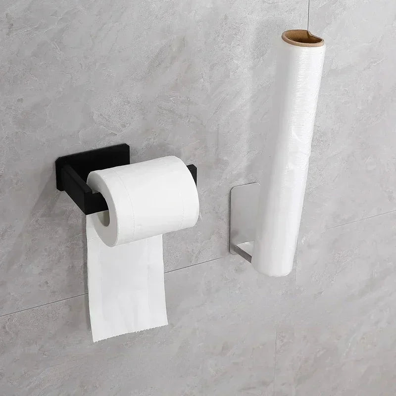 Portarrollos de papel higiénico autoadhesivo de acero inoxidable para baño, acabado negro, fácil instalación con tornillo