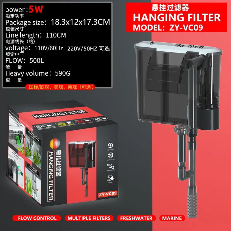 3/4/5/6W Wall Mounted Aquarium Filter Waterfall Filter for Small Fish Tank Filtering Equipment with Filter Media and Circulating