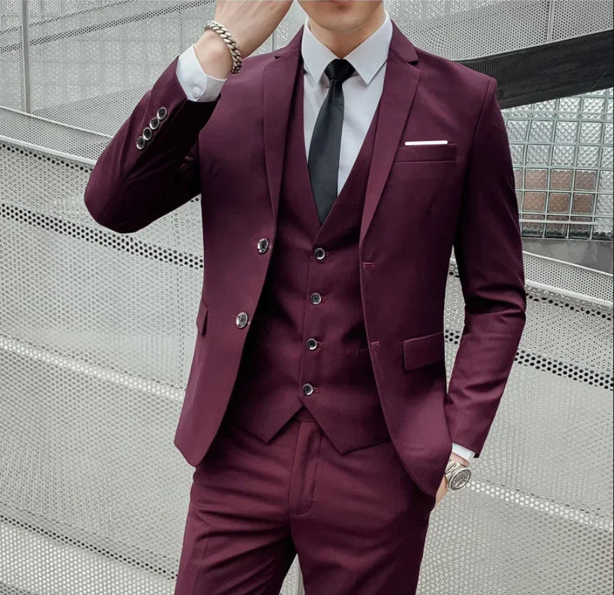Men's Fashionable Gentleman Business British Style Solid Color Banquet Host Casual Wedding Suit (Blazer + Vest + Trousers)