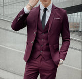 Men's Fashionable Gentleman Business British Style Solid Color Banquet Host Casual Wedding Suit (Blazer + Vest + Trousers)