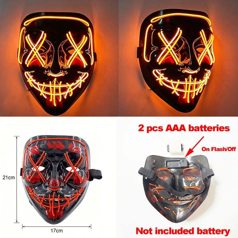 Artigos para Festa de Halloween 2026: Máscara LED Luminosa Estilo "Uma Noite de Crime" (Purge) com Luz Neon EL Sem Fio – Máscara de Rosto Inteiro para Cosplay Adulto (Brilha no Escuro)
