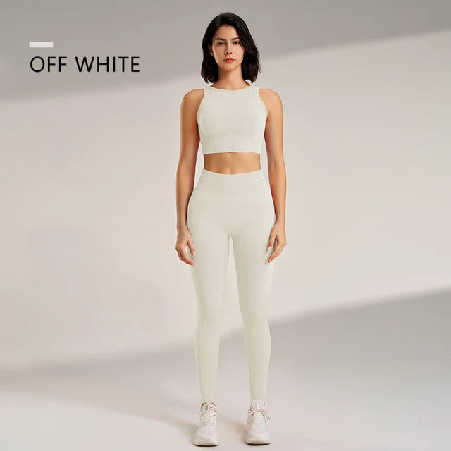 Conjunto de roupas de yoga feminino cintura alta leggings e topo duas peças sem costura roupas de exercício de fitness roupa interior de treino de fitness