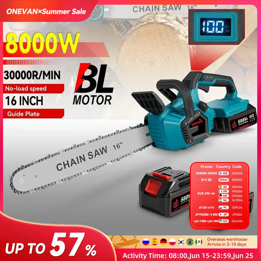 16-Inch 8000W Brushless Electric Chainsaw with LED and Auto-Oiling, Cordless Woodworking Garden Chain Saw Power Tool for 21V 18V Battery